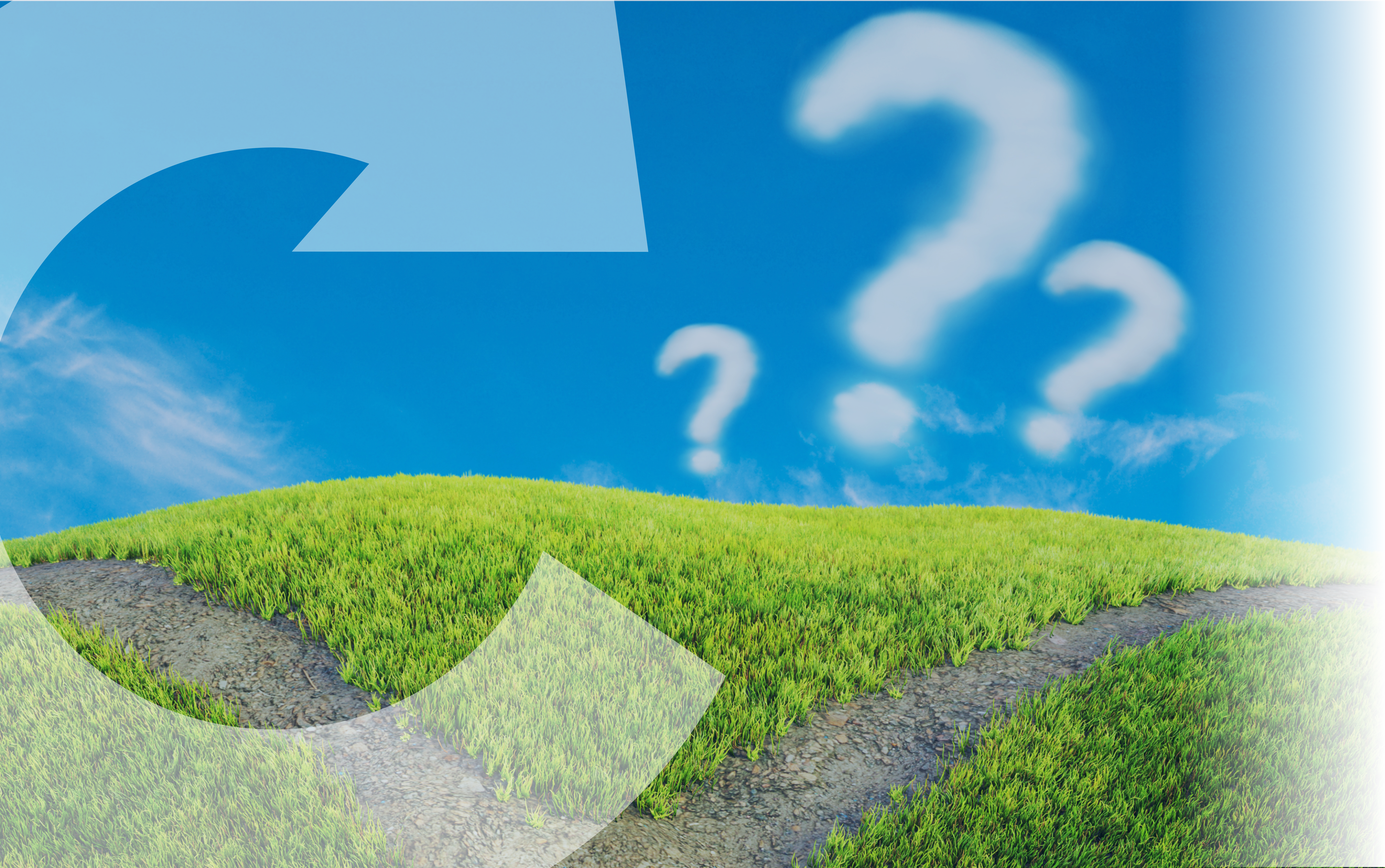 Cloud-like question marks in a blue sky over a grass covered hill.