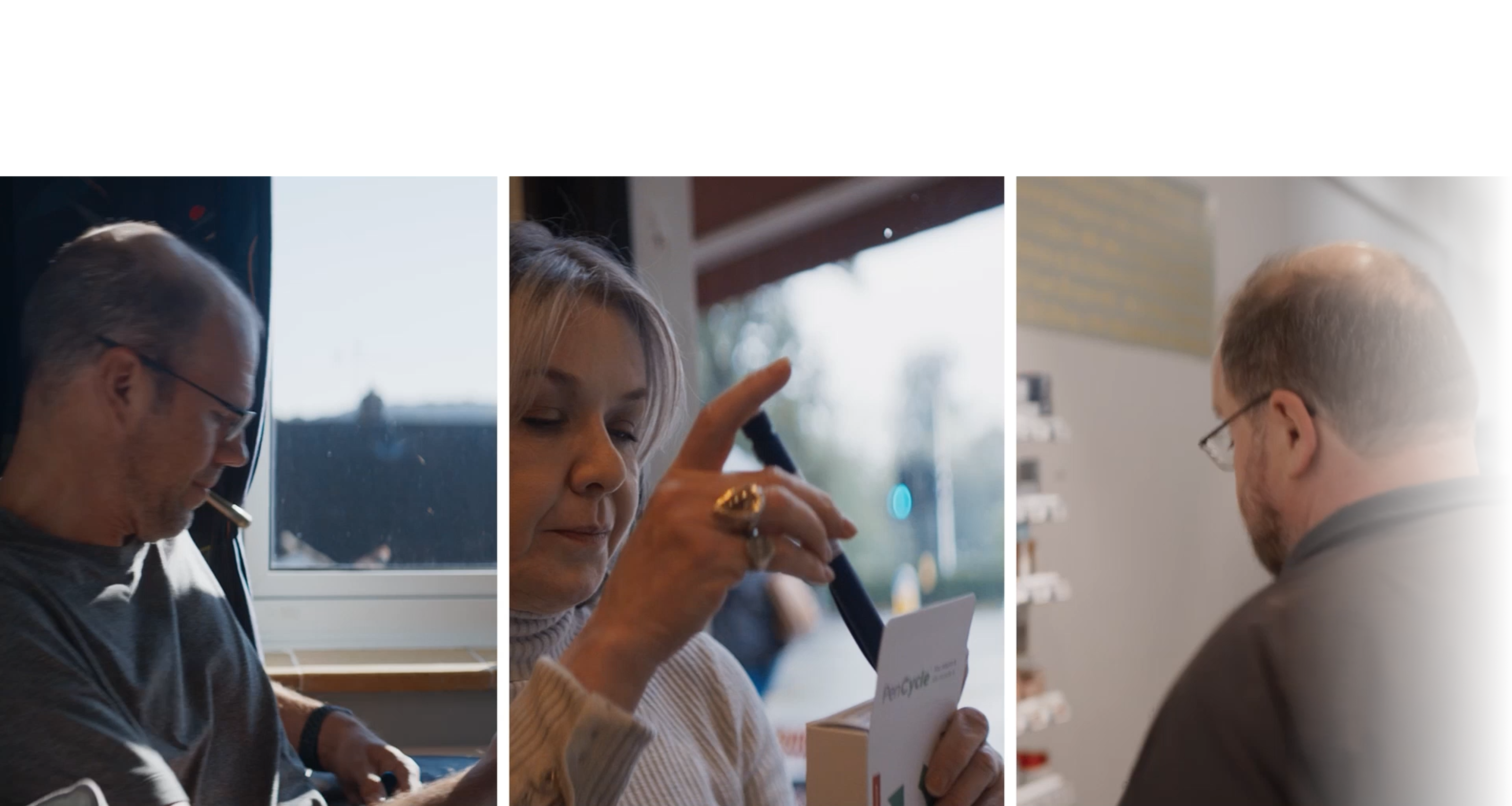 Three adults are shown in a triptych-style photo inside a room; the centre person holds a Novo Nordisk pen and the PenCycle return box while the others look on. Natural light comes through a window behind them.